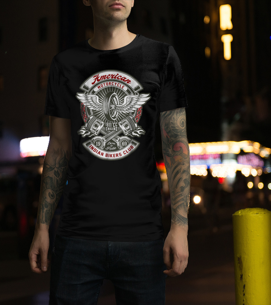 American Motorcycle Indian Bikers Club 1811 CC Engine Born To Ride 1969 T-Shirt
