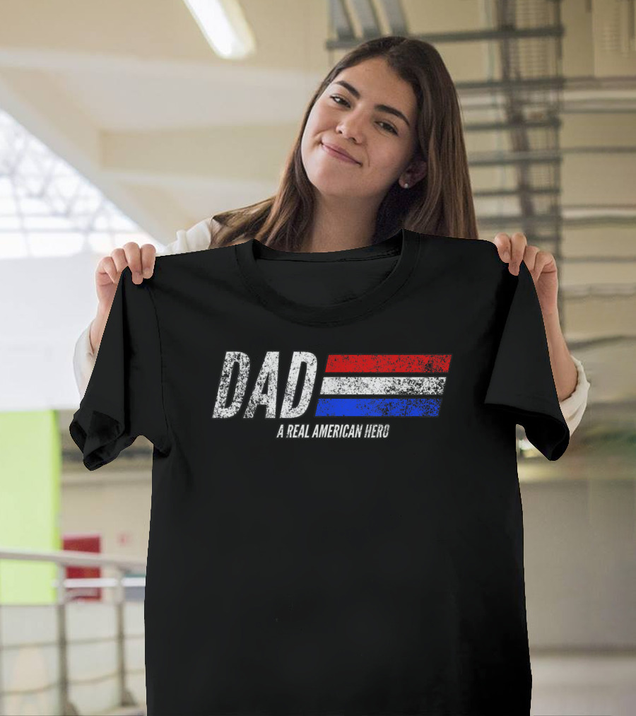 Vintage Dad A Real American Hero Distressed Red White Blue Stripes T-Shirt