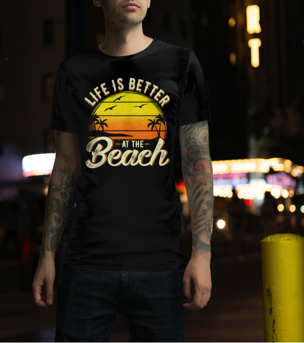 Life Is Better At The Beach Tropical Sunset With Palm Trees And Seagulls T-Shirt