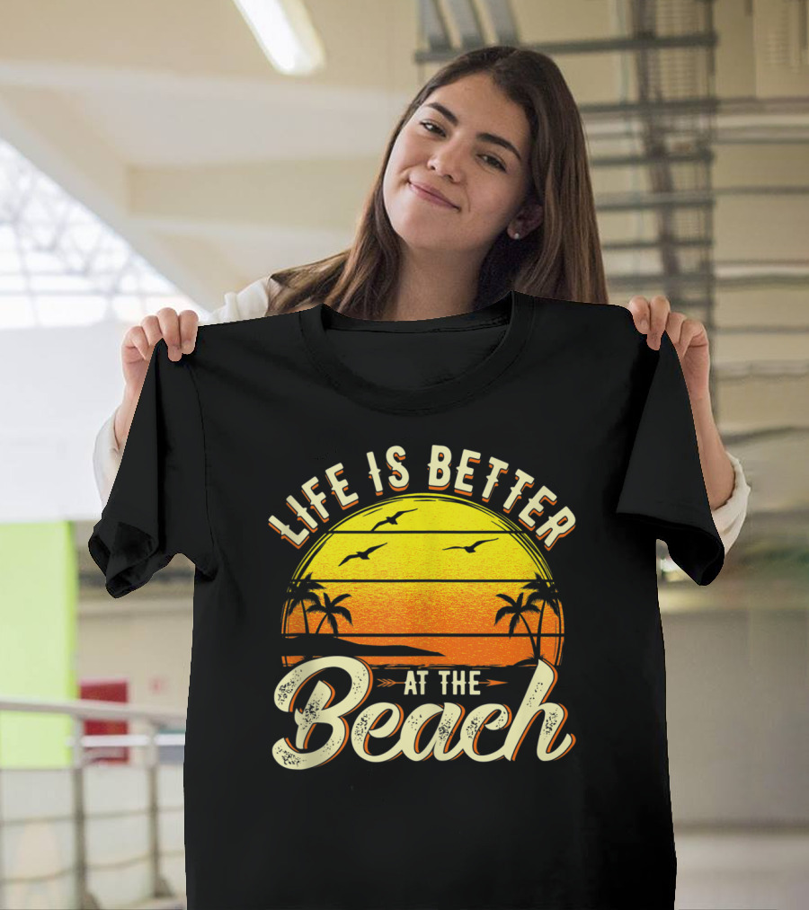 Life Is Better at the Beach Tropical Sunset with Palm Trees and Seagulls T-Shirt