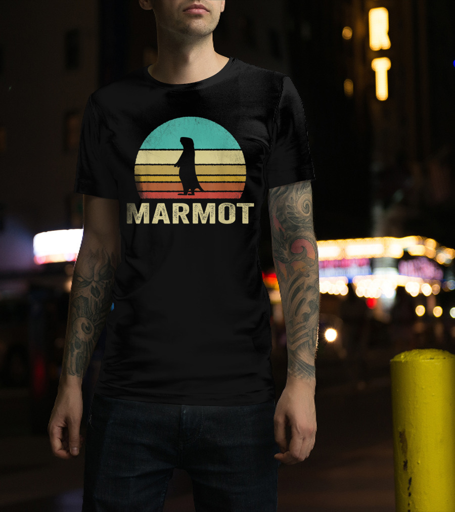 Retro Marmot Silhouette Sunset Stripes T-Shirt