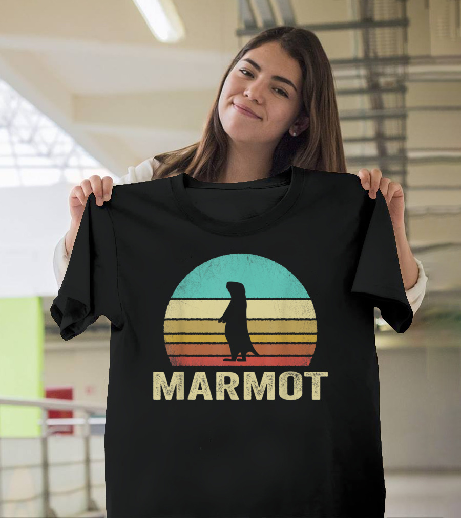 Retro Marmot Silhouette Sunset Stripes T-Shirt