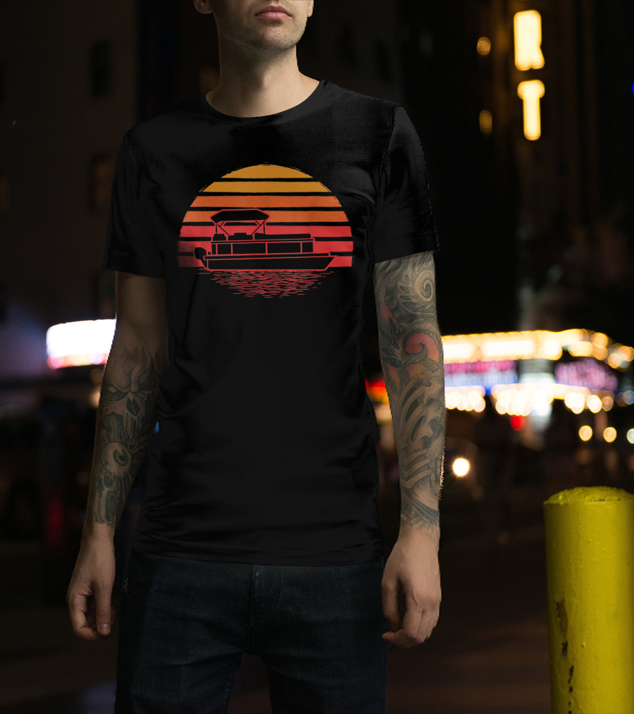 Vintage Pontoon Boat Silhouette Sunset Retro Vibes T-Shirt