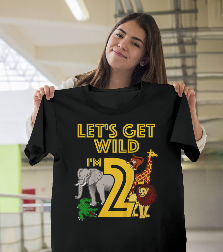 Let's Get Wild I'm 2 Elephant Giraffe Lion Crocodile Birthday Safari Jungle Kids 2 Year Old Zoo T-Shirt