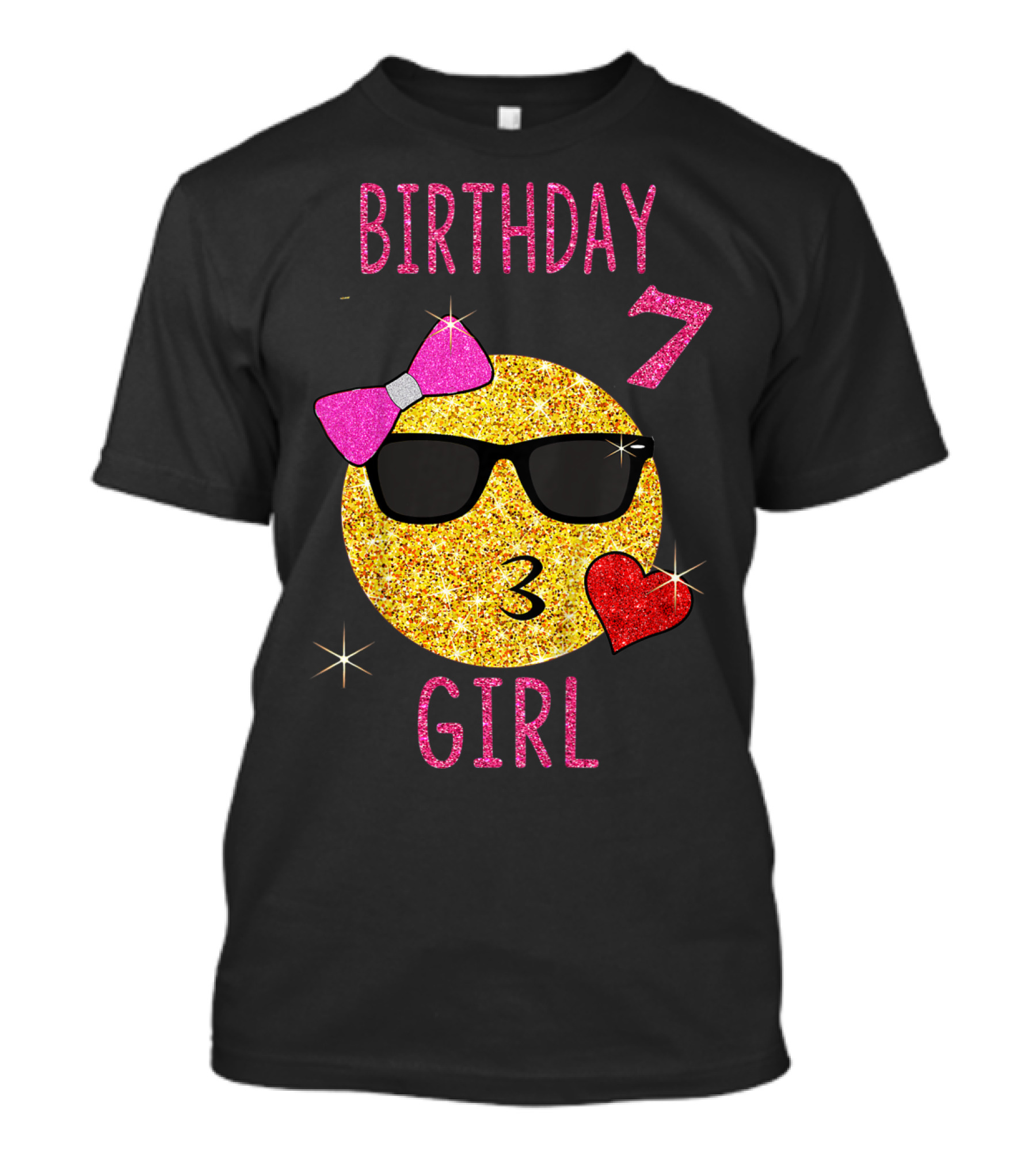 Birthday 7 Girl 7 Years Old Emoji Wearing Sunglasses Bow Heart T-Shirt