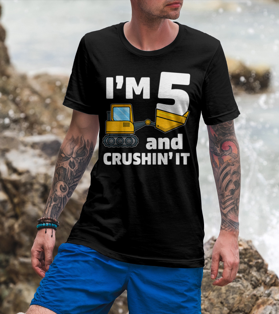 I'm 5 And Crushin' It Kids Construction Truck Birthday Boy T-Shirt