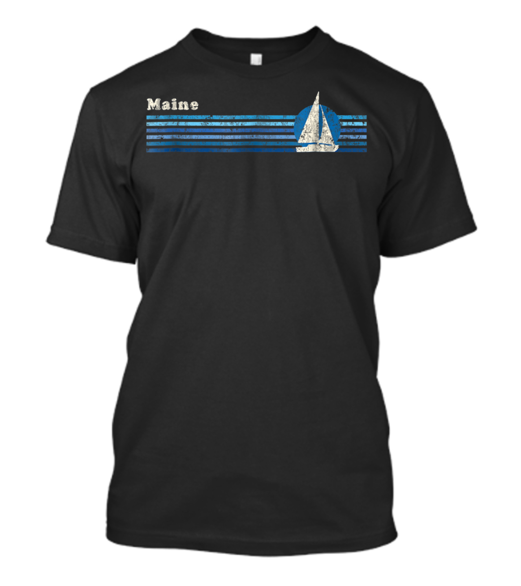 Maine Vintage 80s Sailboat Blue Sunset Stripes T-Shirt