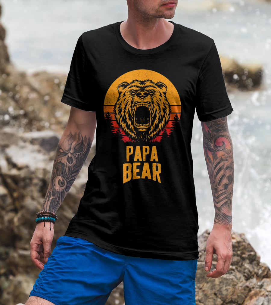 Papa Bear Father's Day Sunset Roaring Bear Forest Scene T-Shirt