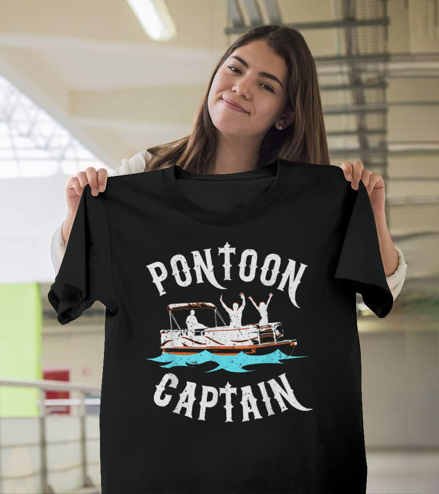 Pontoon Captain Funny Boat Boating Lake With People On Water T-Shirt