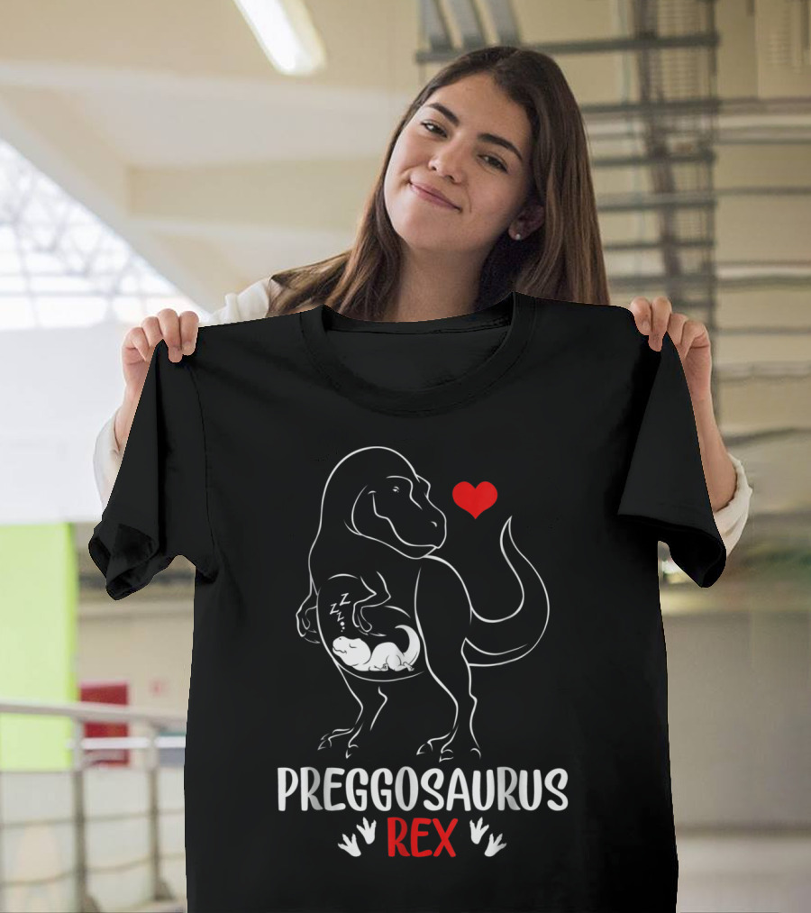 Pregosaurus Rex Heart Pregnant Mom Dinosaur With Baby T-Shirt