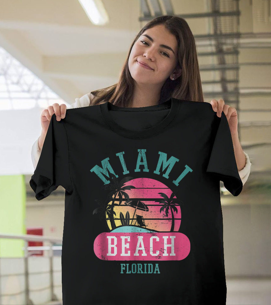 Miami Beach Florida Retro Cool Sun And Palm Trees T-Shirt