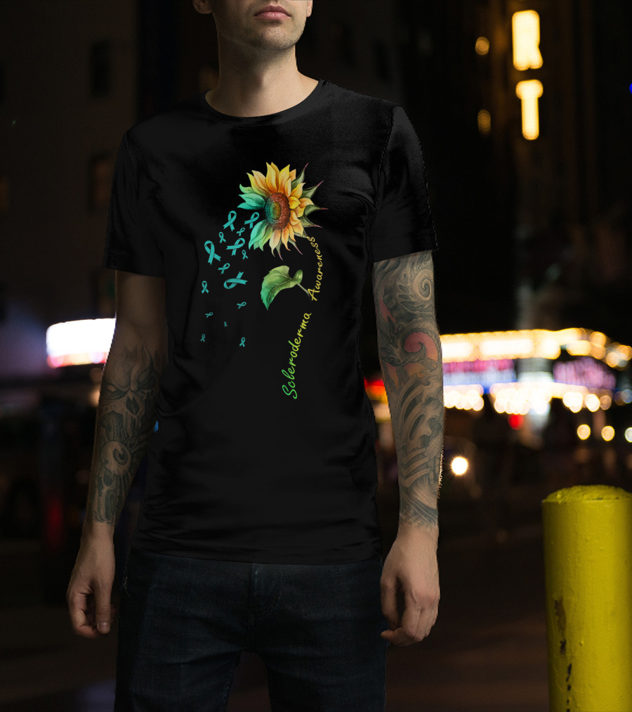 Scleroderma Awareness Sunflower With Teal Ribbons T-Shirt