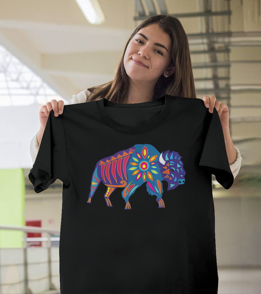 Vibrant Sunflower Buffalo In Colorful Geometric T-Shirt
