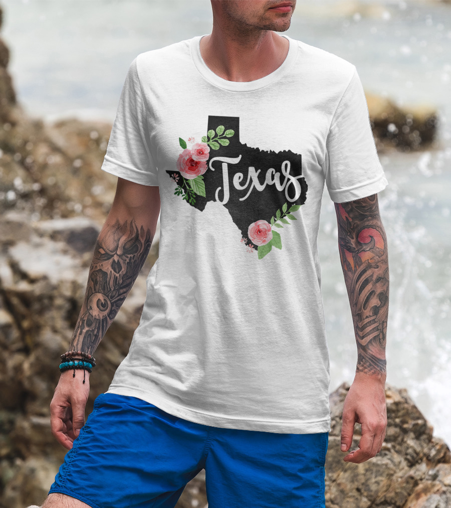Texas Chalkboard With Watercolor Flowers Home State T-Shirt
