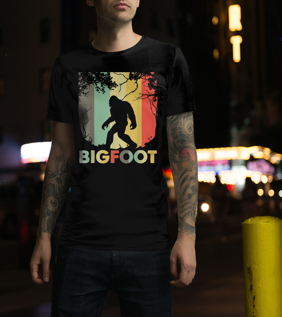 Bigfoot Silhouette Retro Forest Stripes T-Shirt