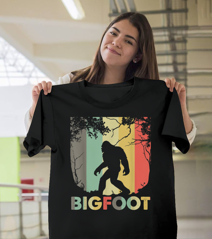 Bigfoot Silhouette Retro Forest Stripes T-Shirt