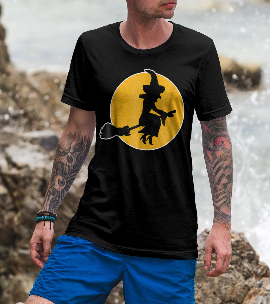 Witch Silhouette Flying Over Yellow Moon T-Shirt