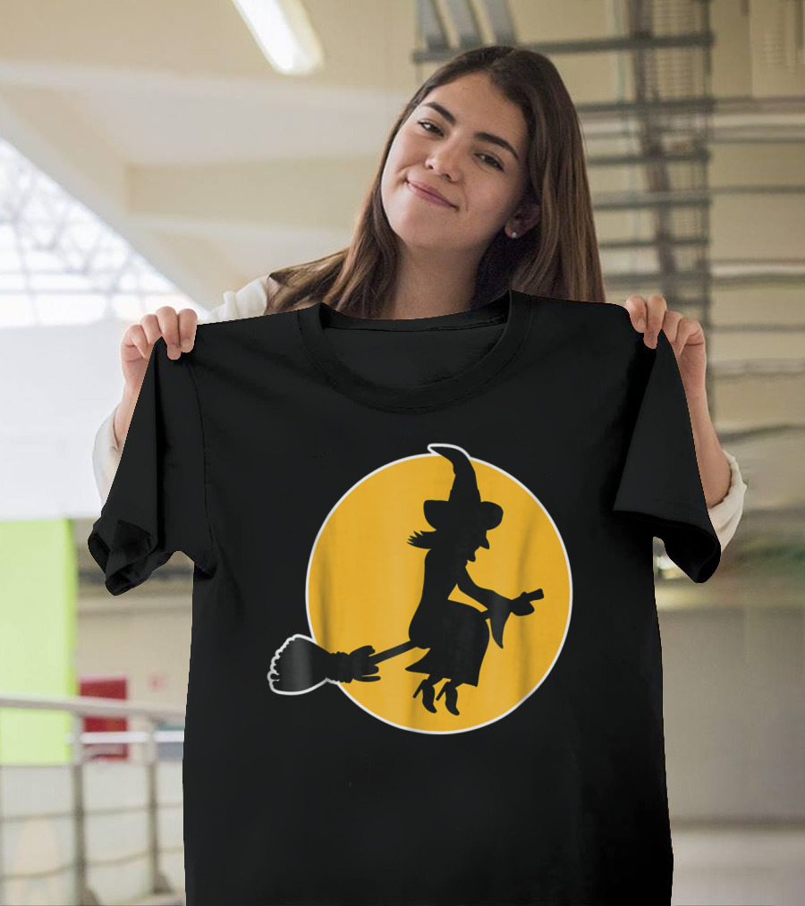 Witch Silhouette Flying Over Yellow Moon T-Shirt