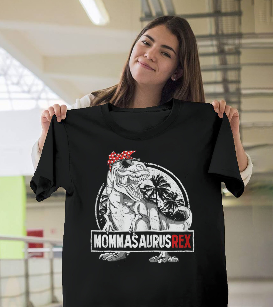 Mommasaurus Rex Dinosaur With Red Bandana And Palm Trees T-Shirt