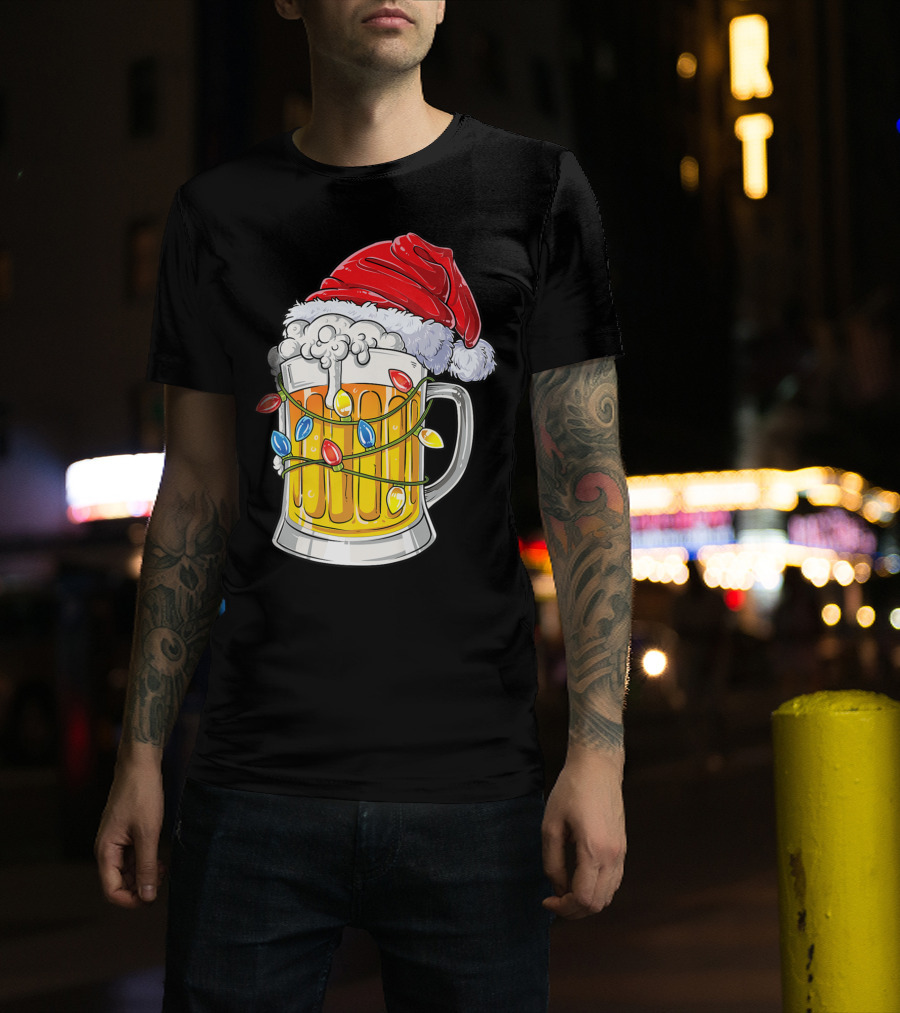 Beer Santa Hat Christmas Lights Holiday Cheer T-Shirt