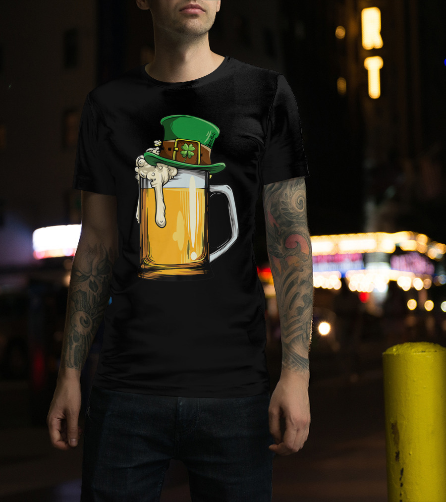 Leprechaun Hat Overflowing Beer Mug With Shamrock Foam T-Shirt