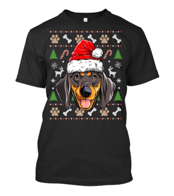 Dachshund Christmas Santa Hat Ugly Sweater Dog With Trees And Candy Canes T-Shirt