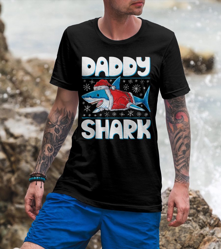 Daddy Shark Santa Christmas Snowflakes T-Shirt