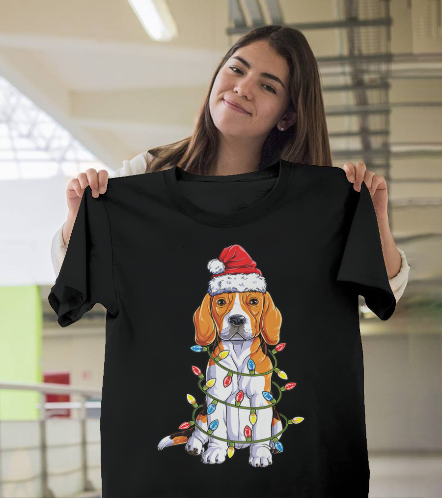 Beagle Santa Hat Wrapped in Christmas Tree Lights T-Shirt