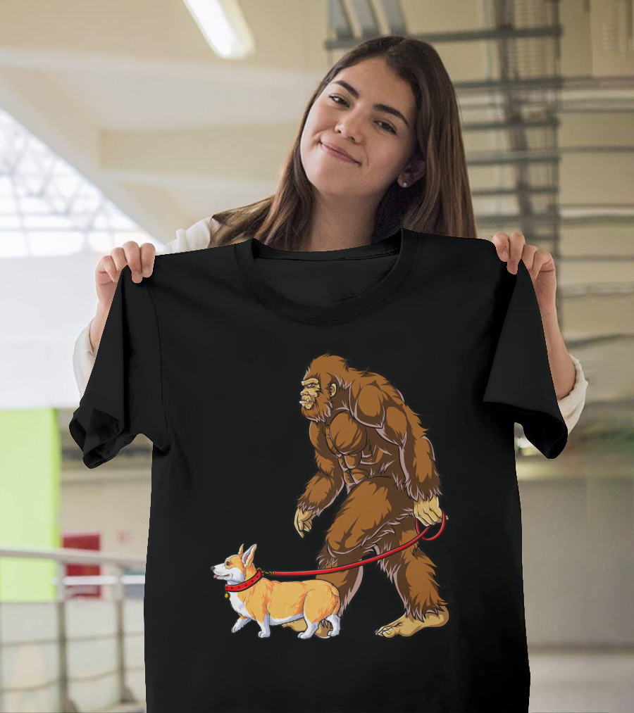 Bigfoot Walking Corgi Sasquatch Dog Walk T-Shirt