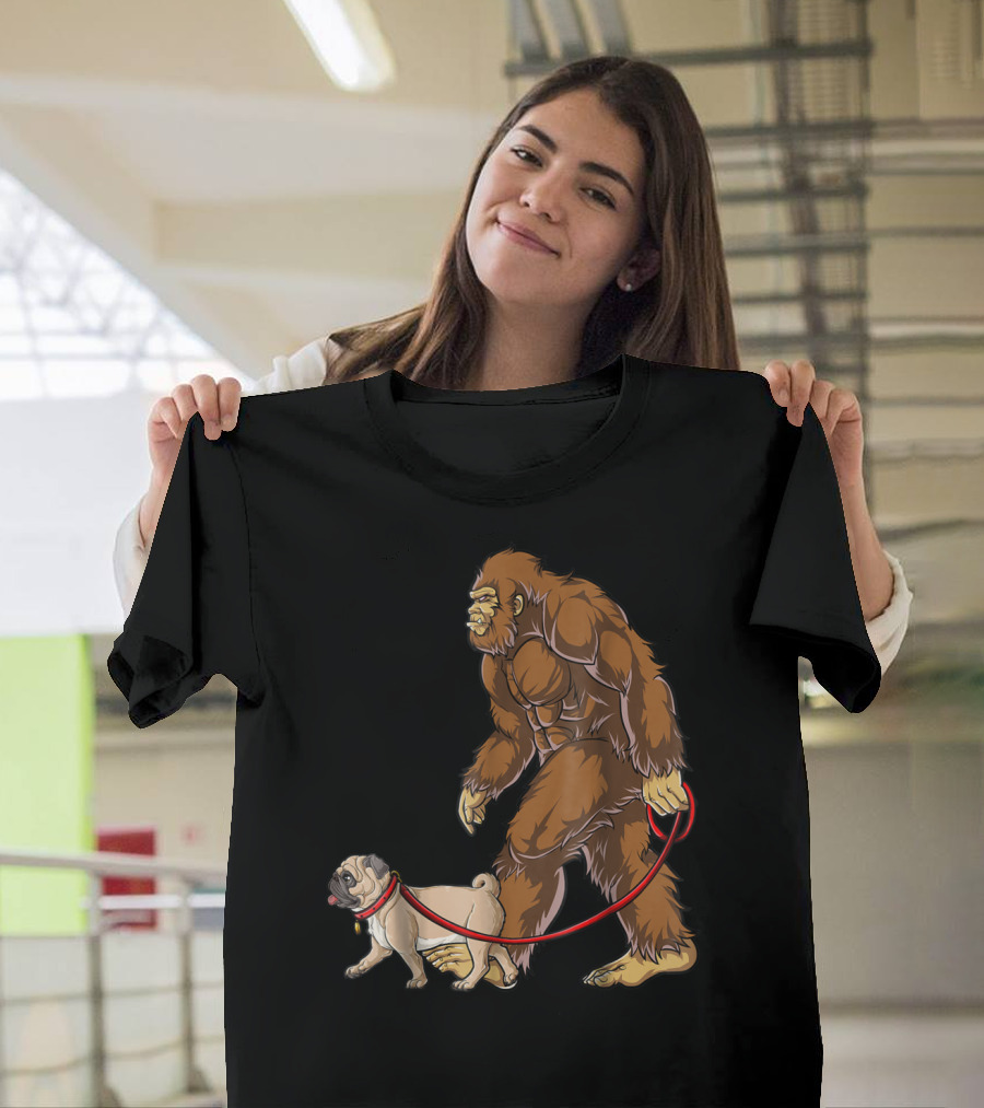 Bigfoot Sasquatch Walking Pug Dog T-Shirt