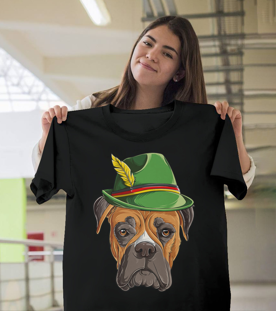 Boxer Dog Oktoberfest Green Hat Feather Lederhosen T-Shirt