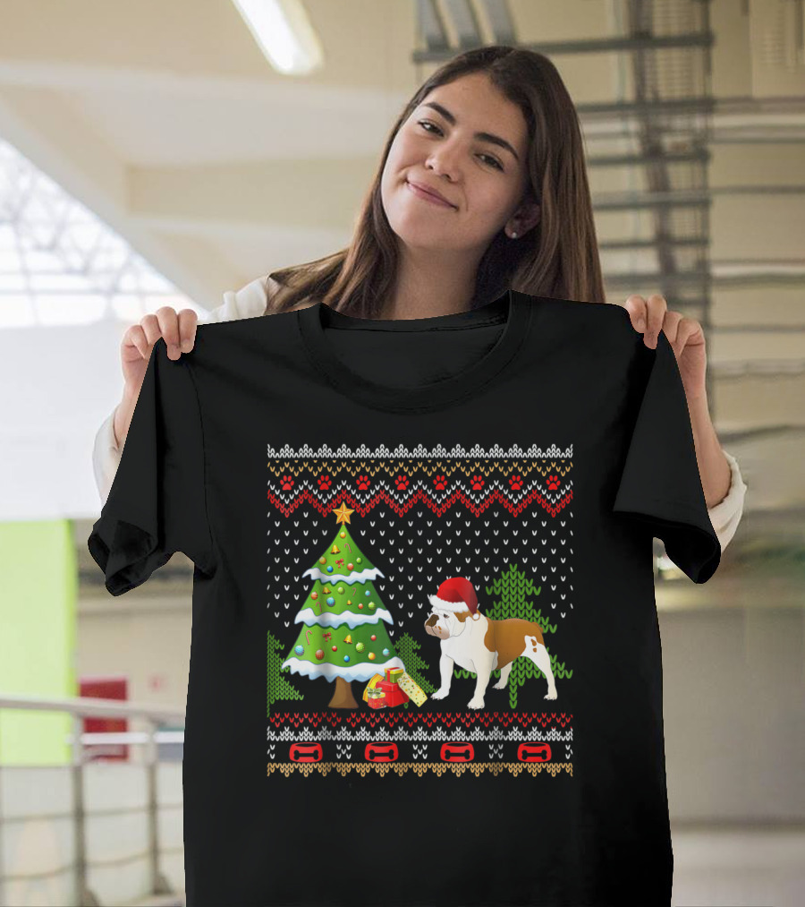 Bulldog Santa Christmas UglyDog Sweater Winter Festive Tree T-Shirt