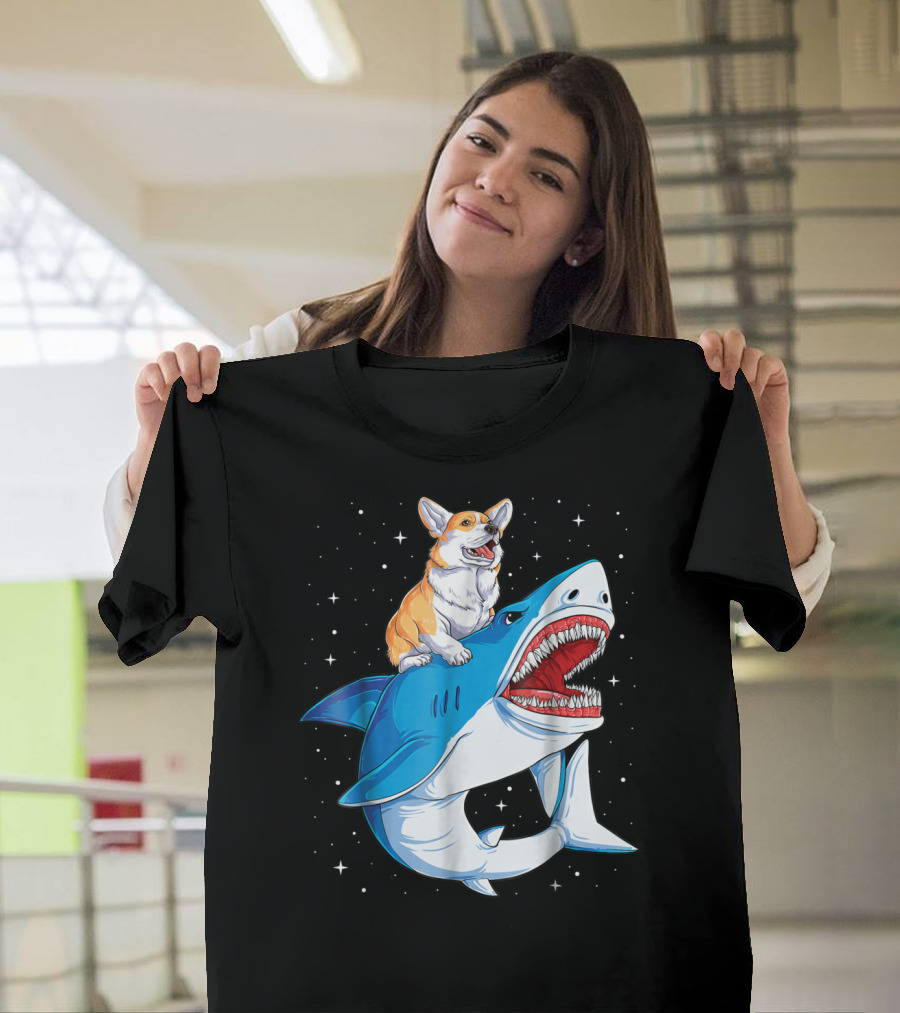 Corgi Riding Shark in Space Galaxy Jawsome T-Shirt