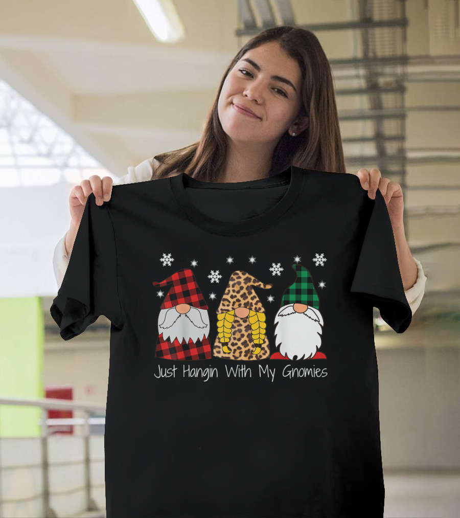 Just Hangin With My Gnomies Buffalo Plaid Leopard Snowflakes T-Shirt