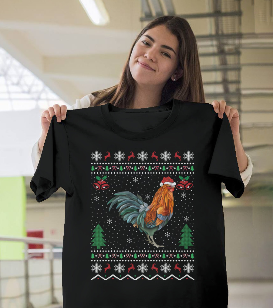 Rooster Chicken Lover Ugly Christmas Sweater Santa Hat Snowflakes T-Shirt
