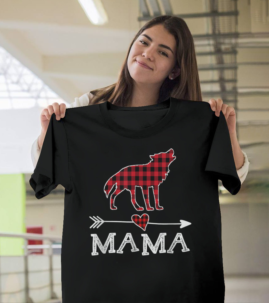 Plaid Wolf Mama Heart and Arrow Buffalo Dog Mom T-Shirt