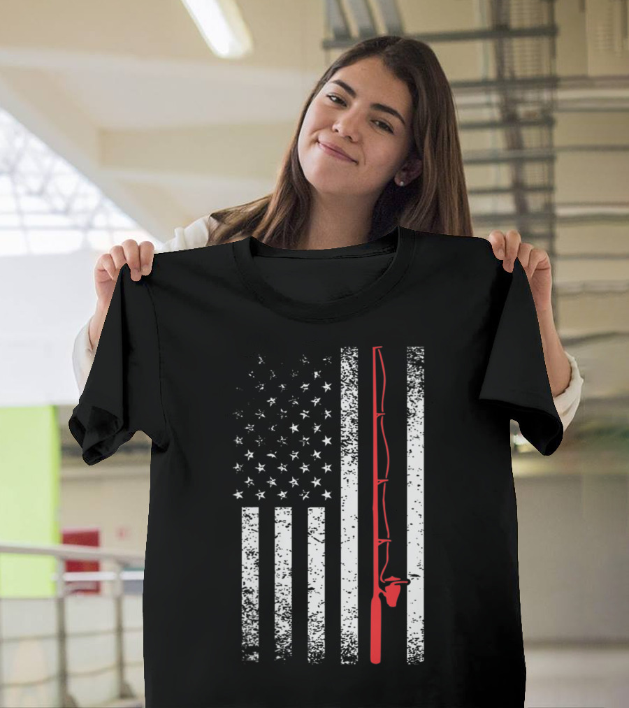 American Flag Fishing Rod USA T-Shirt