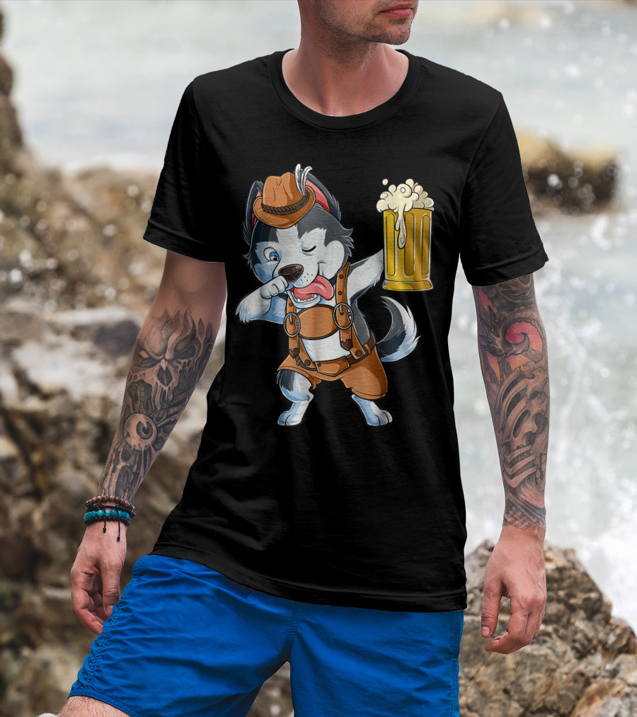 Dabbing Siberian Husky Oktoberfest Lederhosen Beer Mug T-Shirt