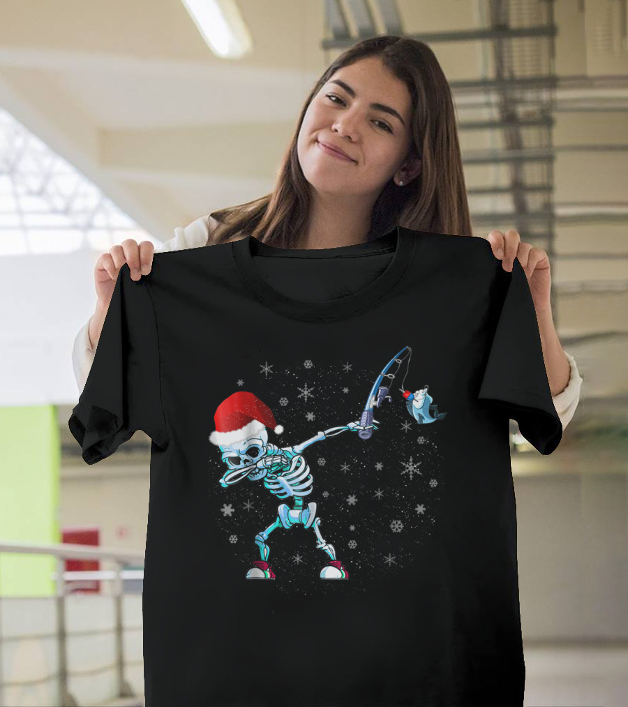 Santa Skeleton Dabbing With Fishing Rod And Shark T-Shirt