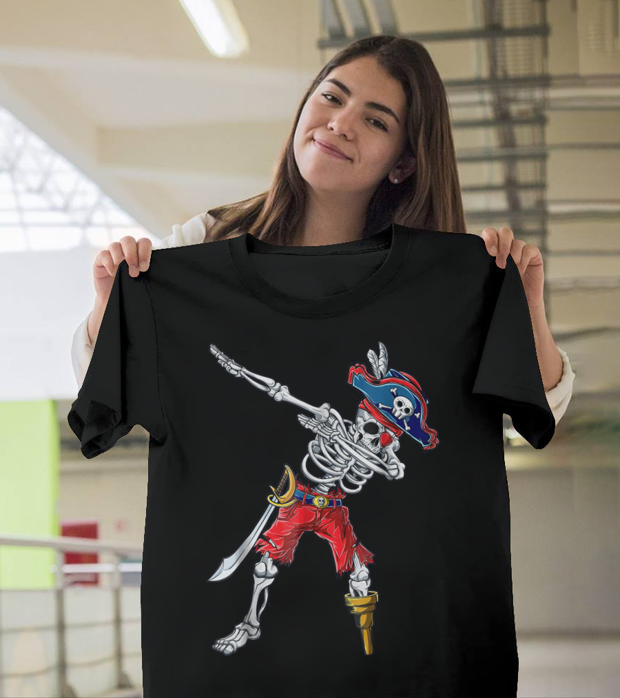 Skeleton Pirate Dabbing In Red Pants And Tricorn Hat With Sword T-Shirt