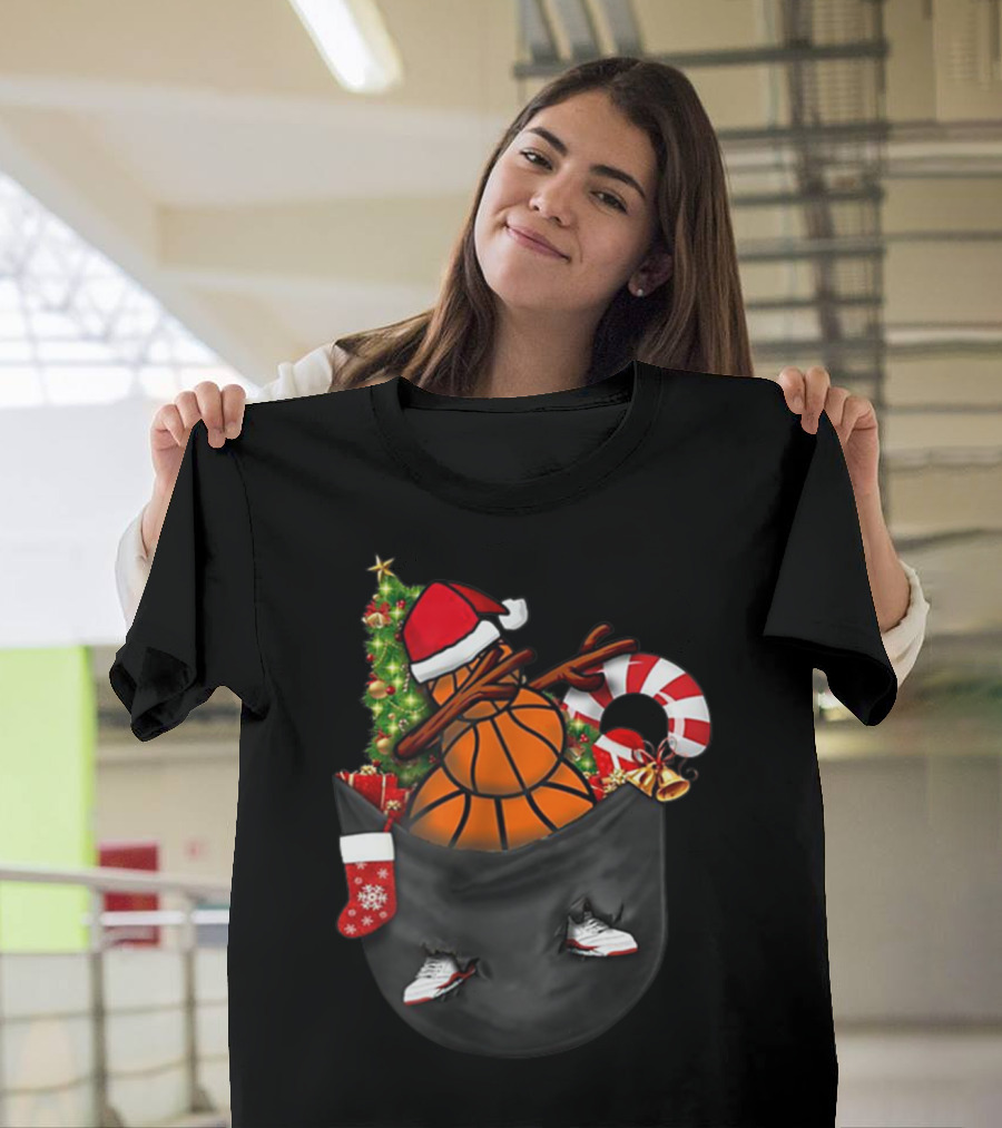 Christmas Dabbing Basketball Snowman in Pocket with Candy Cane and Santa Hat T-Shirt