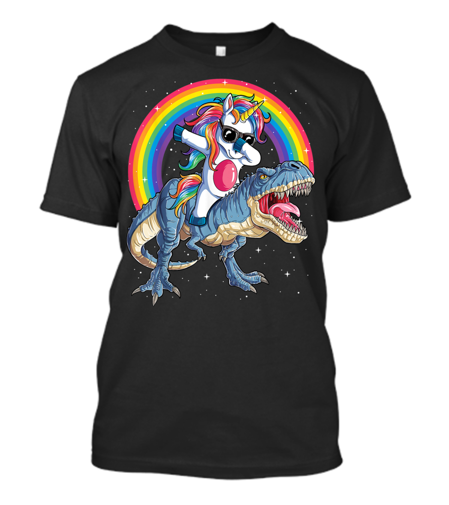 Dabbing Unicorn Riding T-Rex Under Rainbow In Space T-Shirt