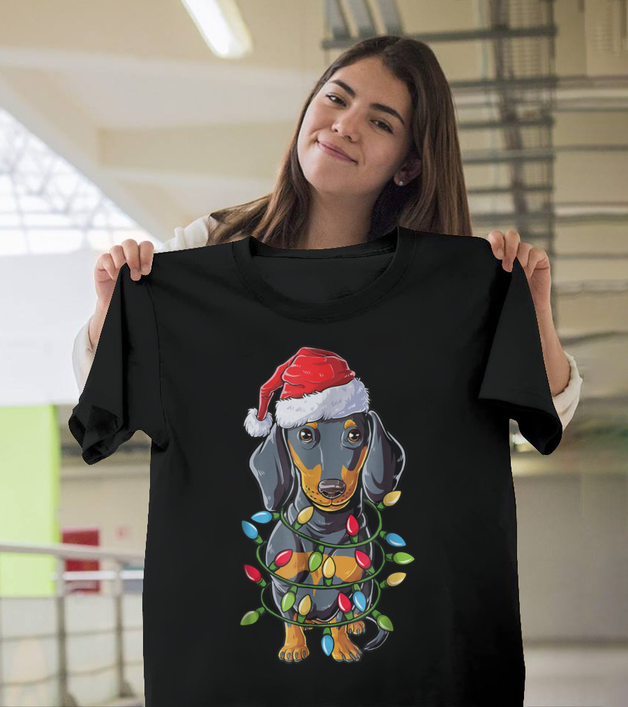 Dachshund Dog In Santa Hat With Christmas Tree Lights T-Shirt