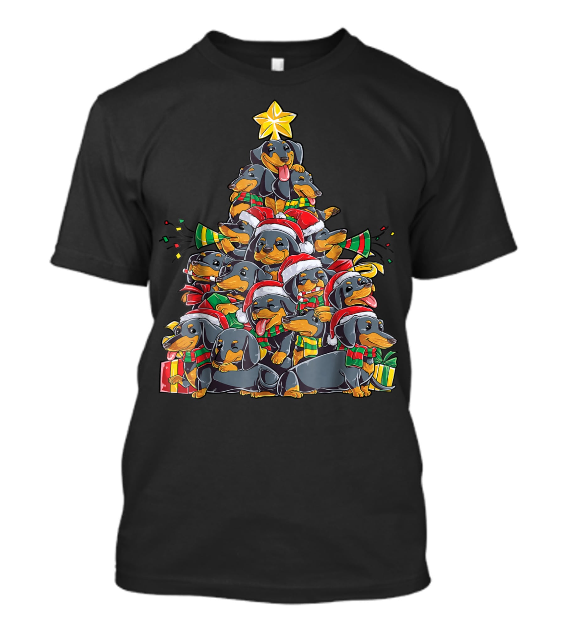 Dachshund Xmas Tree With Santa Hats And Gifts T-Shirt
