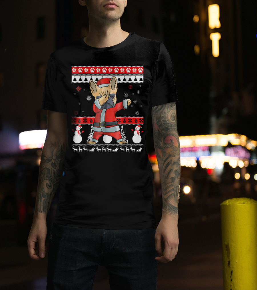 Dabbing French Bulldog Christmas Santa Ugly Sweater Snowflakes Snowmen T-Shirt