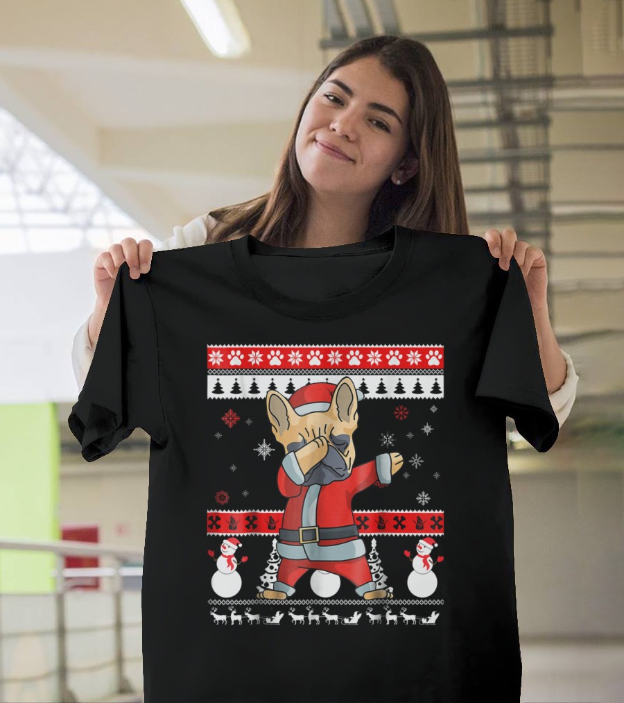 Dabbing French Bulldog Christmas Santa Ugly Sweater Snowflakes Snowmen T-Shirt