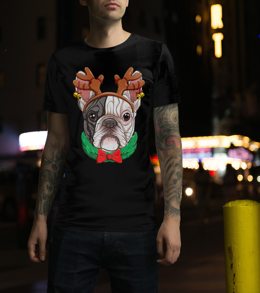 French Bulldog With Christmas Reindeer Antlers And Bow Tie T-Shirt