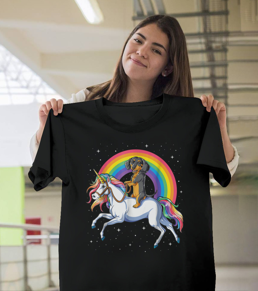 Dachshund Riding Unicorn Space Galaxy Rainbow Kids Women T-Shirt