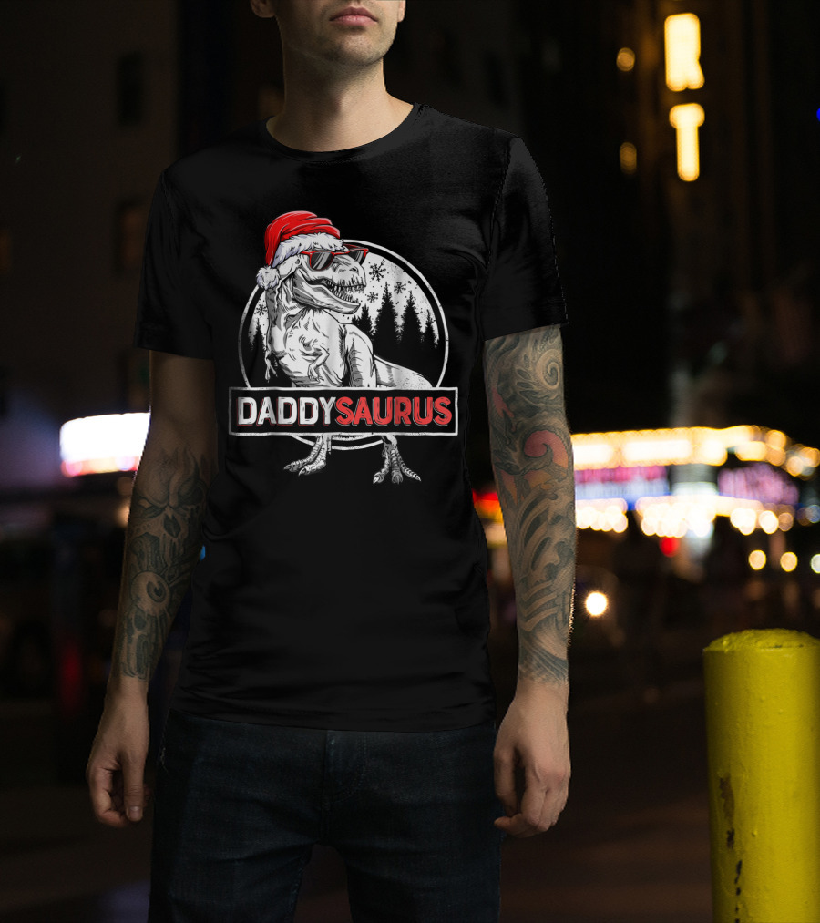 Daddysaurus Dinosaur Christmas Rex With Santa Hat And Sunglasses T-Shirt