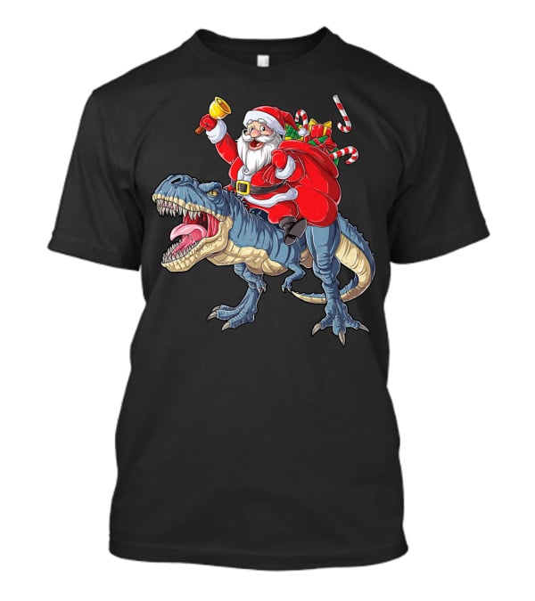 Santa Claus Riding Dinosaur With Bell And Holiday Gifts Christmas Boys Santa Rex Kids Xmas T3 T-Shirt